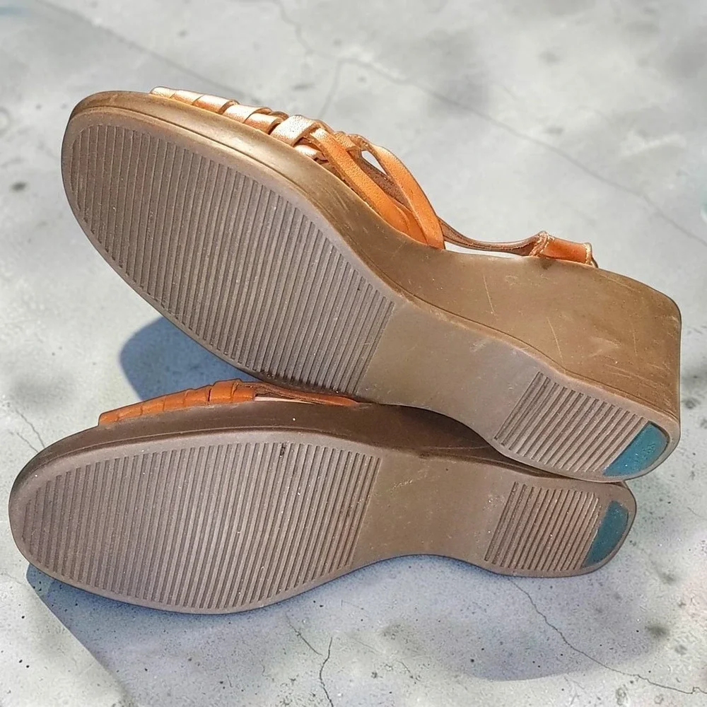 VTG GH Bass Sunjun 8.5 Wedge Sandals  Woven Leather Ankle Strap Womens 90s Boho